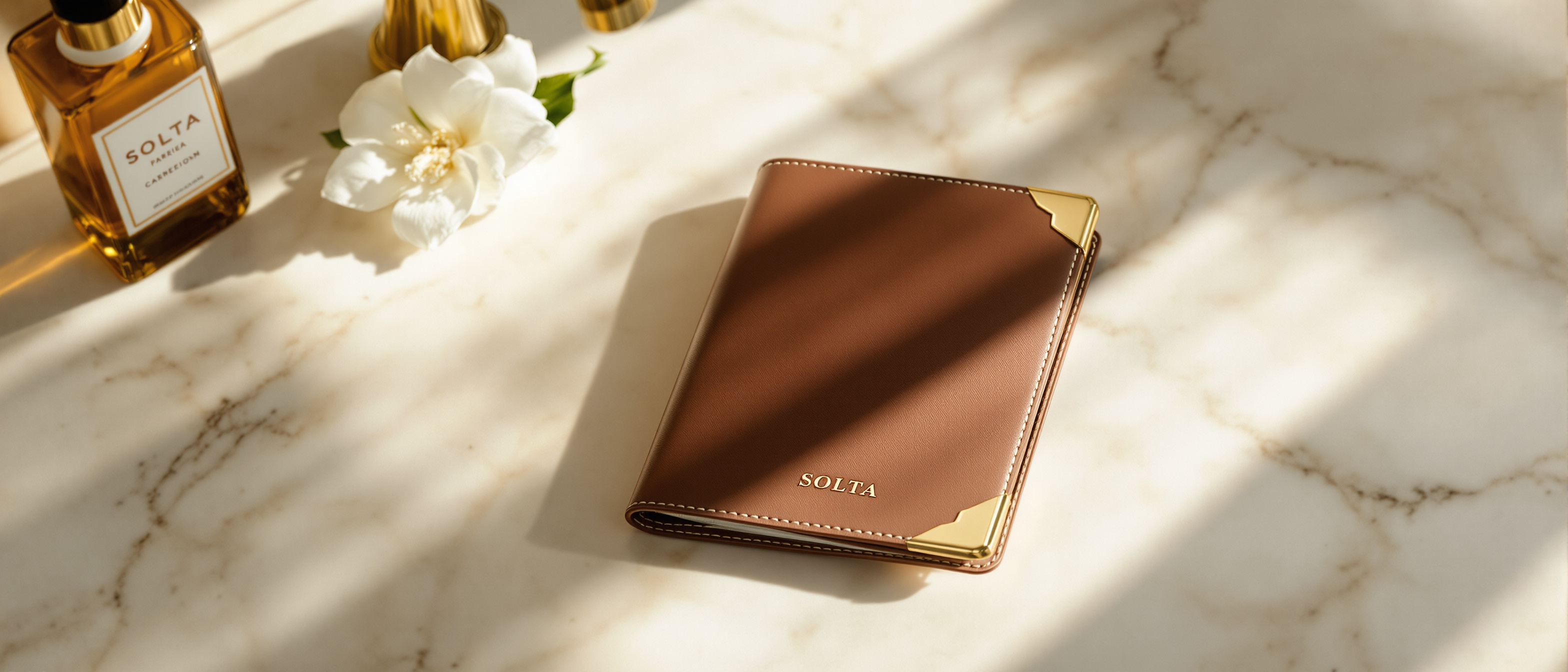 A SOLTA passport wallet resting on Calacatta marble in soft Mediterranean light.