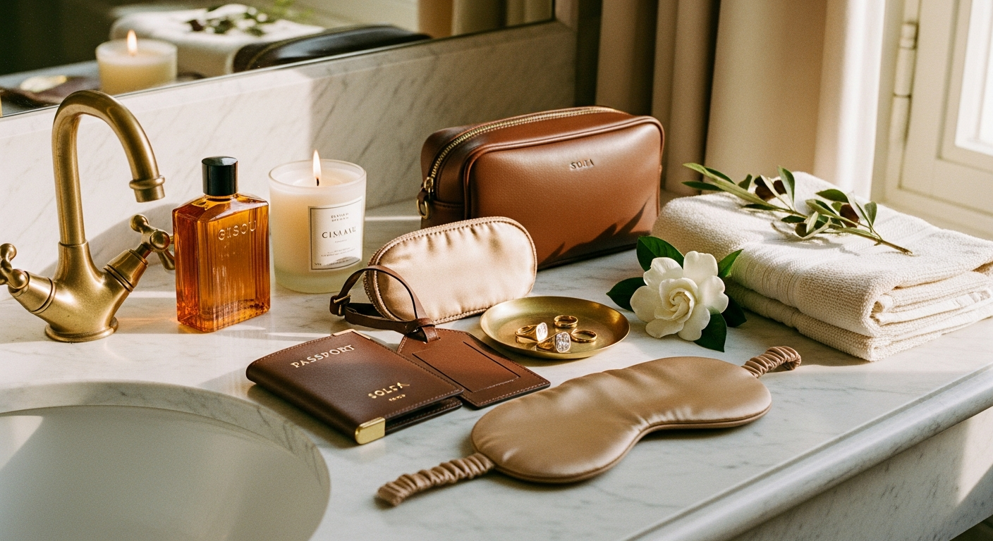 The full SOLTA collection laid out across a sunlit marble vanity.