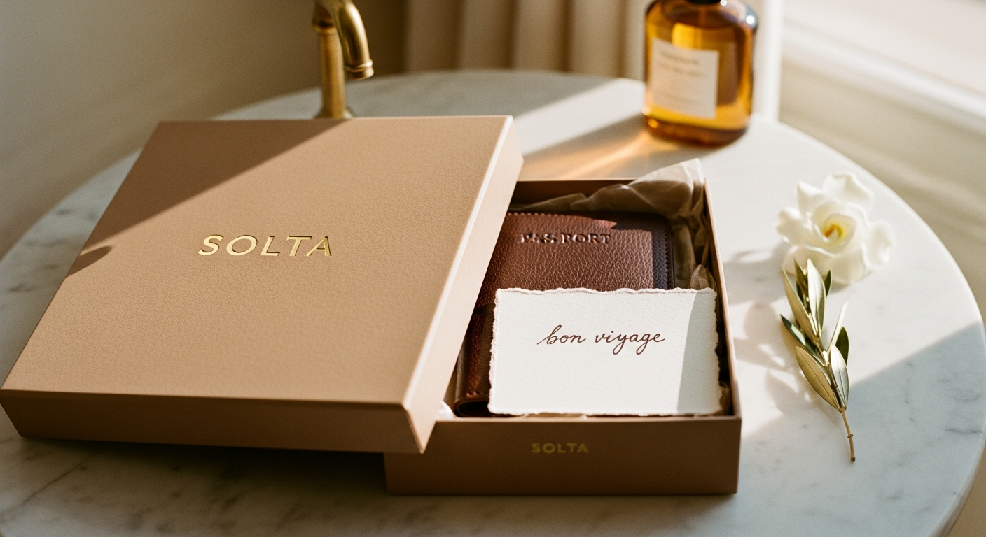 An open SOLTA gift box with the passport wallet in tissue paper and a bon voyage note.