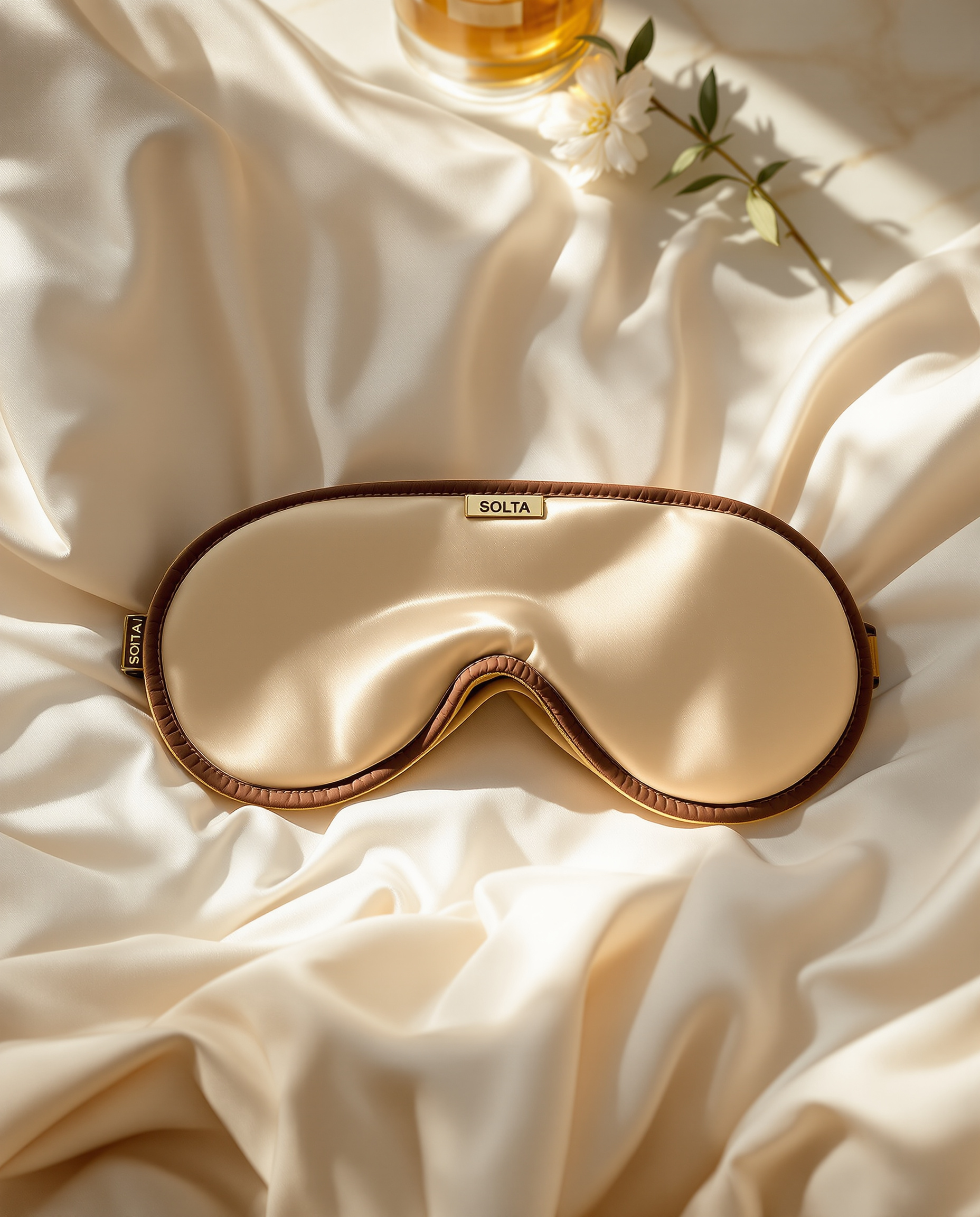 A champagne silk eye mask trimmed in chocolate leather, resting on linen sheets.