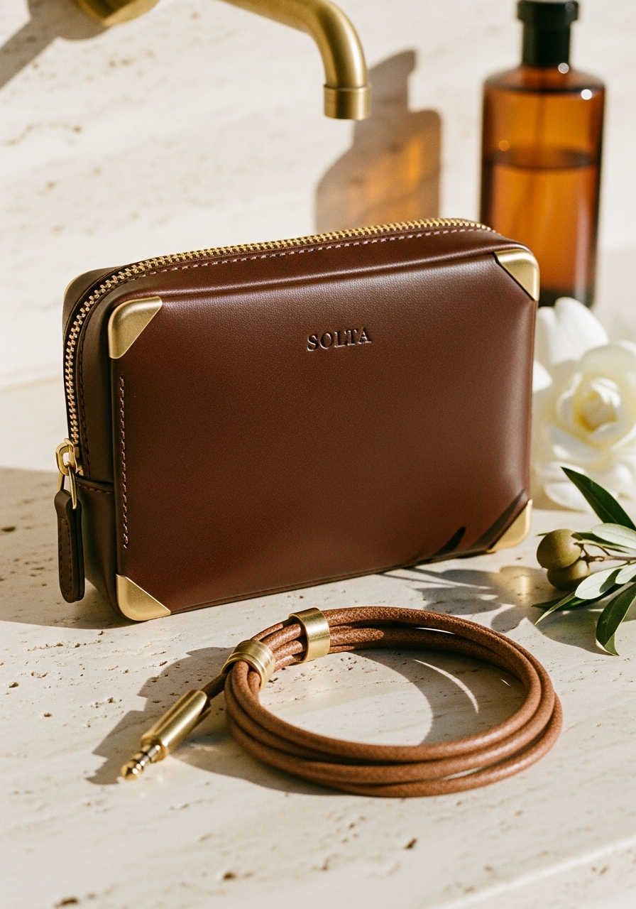 Tech pouch in chocolate leather
