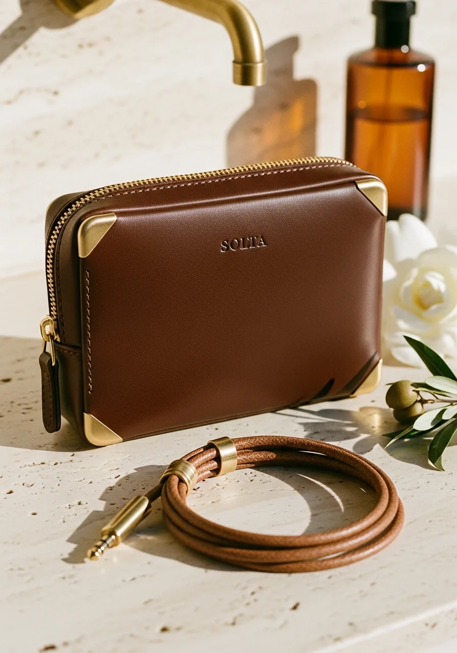 Tech pouch in chocolate leather